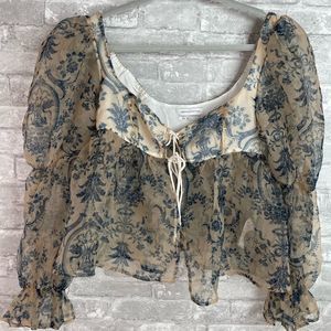 Urban Outfitters Blue and Cream Sheer Blouse